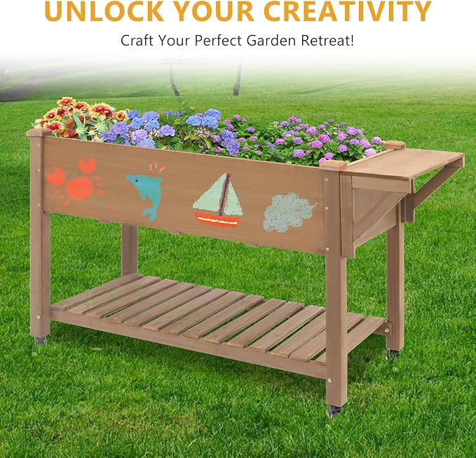 ketive Raised Garden Bed with Lockable Wheels Mobile Elevated Wood Planter,Storage Shelf, Protective Liner,55.5x24x32in (Brown)