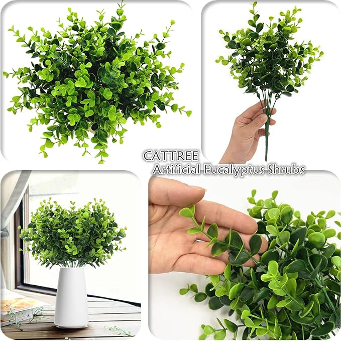 Artificial Eucalyptus Plant Decoration, Fake Leaves Eucalyptu Shrubs Branches Faux Greenery Leaf Bud Stems Grass for Indoor Outdoor Wedding Bouquets Table Centerpieces Vases Flower Floral Décor 2 Pack
