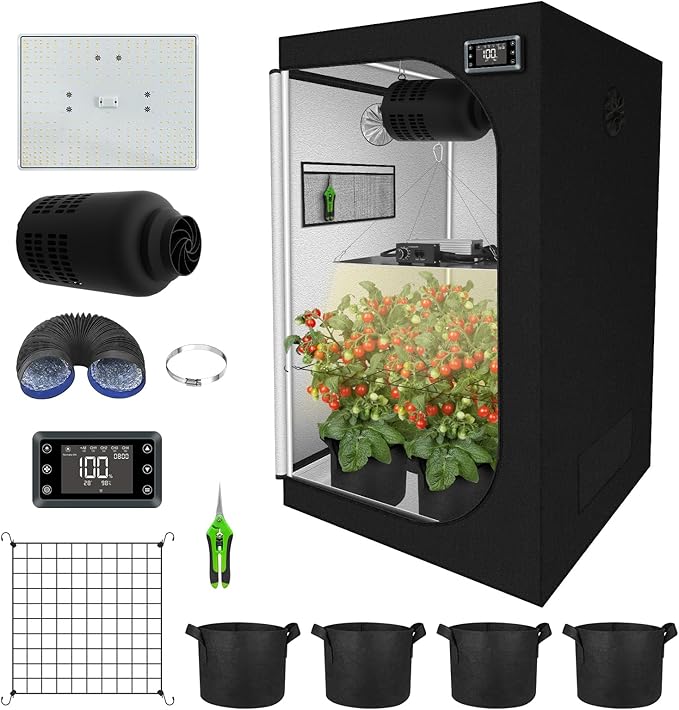 3x3 ft Grow Tent Complete Kit, All-in-One Fan with Activated Carbon Filter, 150W Full Spectrum LED Grow Light, 32"x32"x63" High-Reflective 1680D Diamond Mylar Tent and Smart Controller-1
