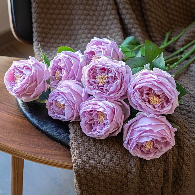 DUYONE Fake Flowers for Decoration Home Decor Artificial Flowers Austin Rose Peony Latex Fake Flower Living Room Decoration Vivid Pink Roses Peonies (Light Purple 4pcs)
