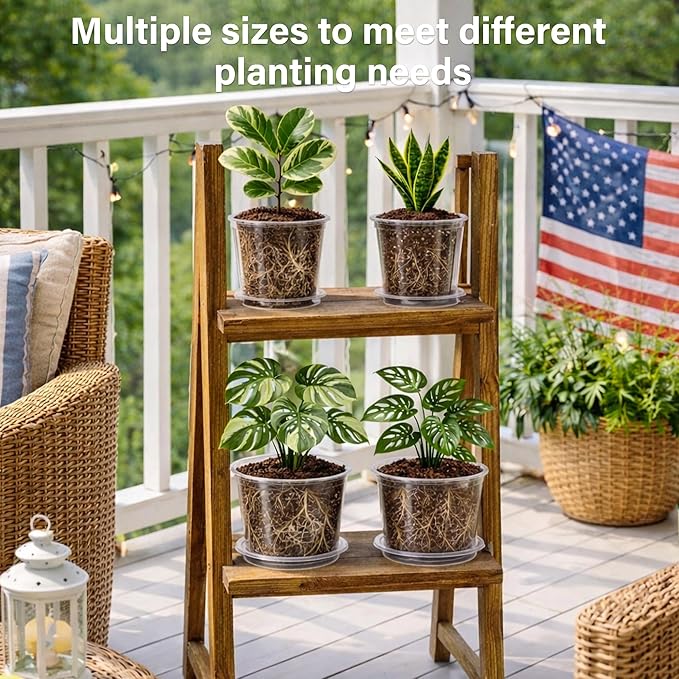 Bluepro 12 Pack 10/8/6/5 Inch Reinforced Large Clear Nursery Pots with Saucers, Transparent Variety Pack Plastic Plant Pot with Drainage Holes for Vegetable Propagation, Root Cutting, Seed Starting