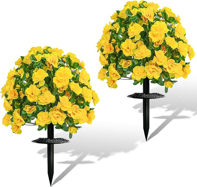 Artificial Flowers for Outdoors, Faux Outdoor Plants Fake Plants Topiary Balls Artificial Outdoor Set of 2 with Ground Spike for Home Front Porch Patio Garden Decor (Yellow)