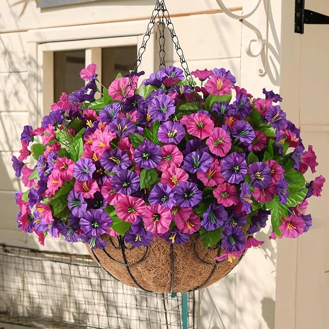Homsunny Artificial Fake Hanging Flowers with Basket for Outdoors, Faux Silk Petunias Flower Spring Summer Decor UV Resistant Look Real Outside Patio Front Porch Decorations
