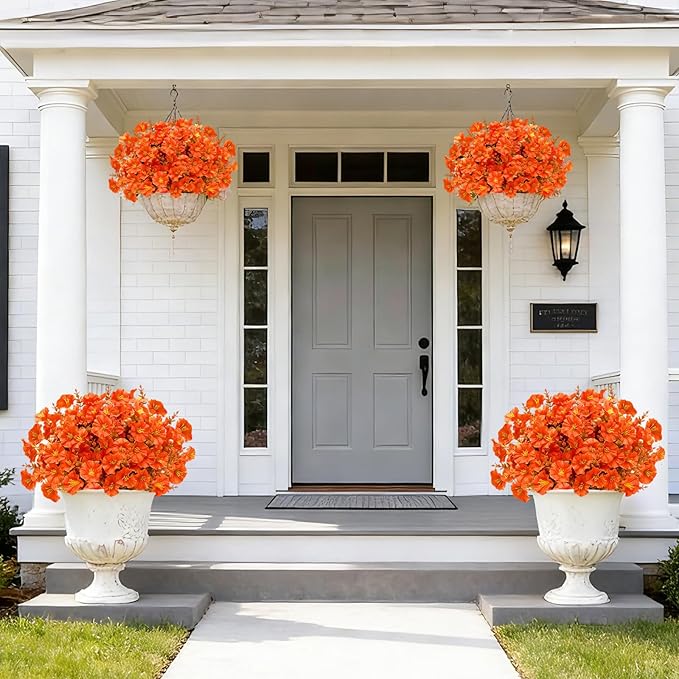 12 Bundles Artificial Fall Flowers for Outdoors, UV Resistant No Fade Fake Mums Flowers Silk Morning Glory with Orange Brown Eucalyptus Faux Flowers Plants for Home Garden Patio Porch Yard Porch Decor