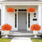 12 Bundles Artificial Fall Flowers for Outdoors, UV Resistant No Fade Fake Mums Flowers Silk Morning Glory with Orange Brown Eucalyptus Faux Flowers Plants for Home Garden Patio Porch Yard Porch Decor