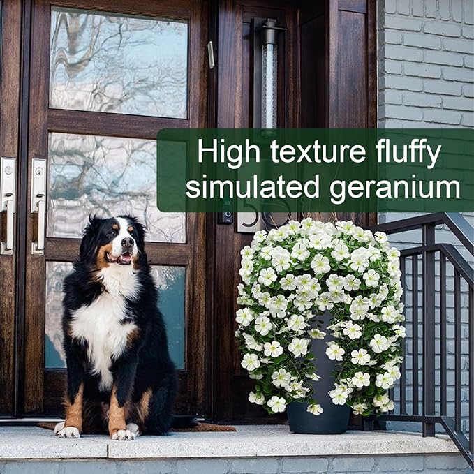 Artificial Geranium Hanging Flowers for Outdoor Decoration, 2 Bundles UV Resistant Silk Geranium Fake Plants Faux Flowers for Front Porch Garden Patio Window Box Outside Indoor Decor (White)