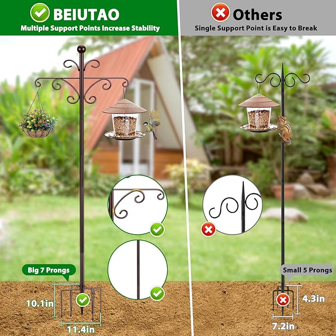 Bird Feeder Pole for Outdoors Heavy Duty Squirrel Proof, 2 Pack 63 Inch Adjustable Tall Shepherds Hooks for Outdoor with 7 Prongs Base, Double Shepherd Hooks (2 Pack Copper, 63 Inch)