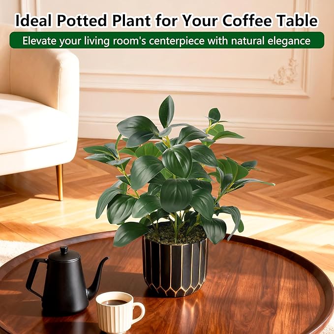 florisso Artificial Succulents with Fig Leaf Greenery in Black & Gold Planter, Fake Succulents Potted Decor for Farmhouse, Bathroom, Bedroom, Kitchen, Office Desk and Coffee Table (Black Gold)