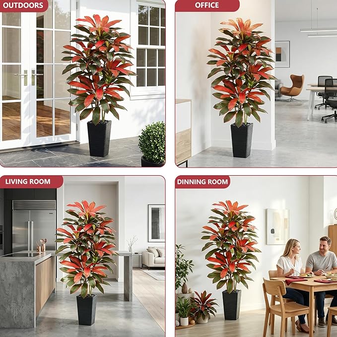 Artificial Red Dracaena Tree - 5FT Tall Fake Plants with Black Square Planter - Artificial Plants Indoor Floor Plant in Pot - Large Tropical Fake Yucca Potted Tree for Home Office Living Room Decor