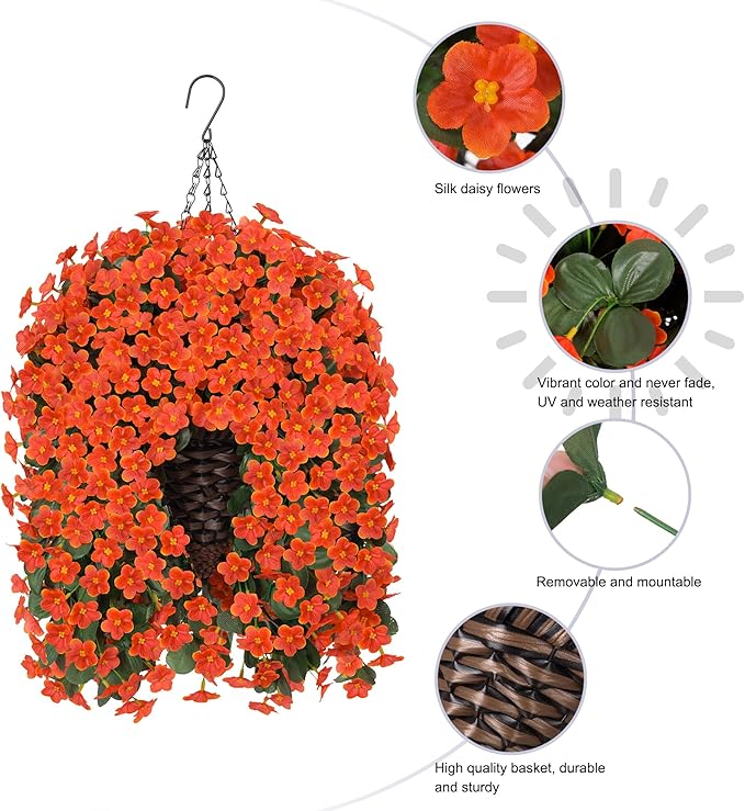 Artificial Fake Hanging Flowers Plants Baskets for Outdoor Outside, Faux Silk Orange Daisy Mums Trailing Vines in Planter Realistic UV Resistant for Balcony Porch Decor