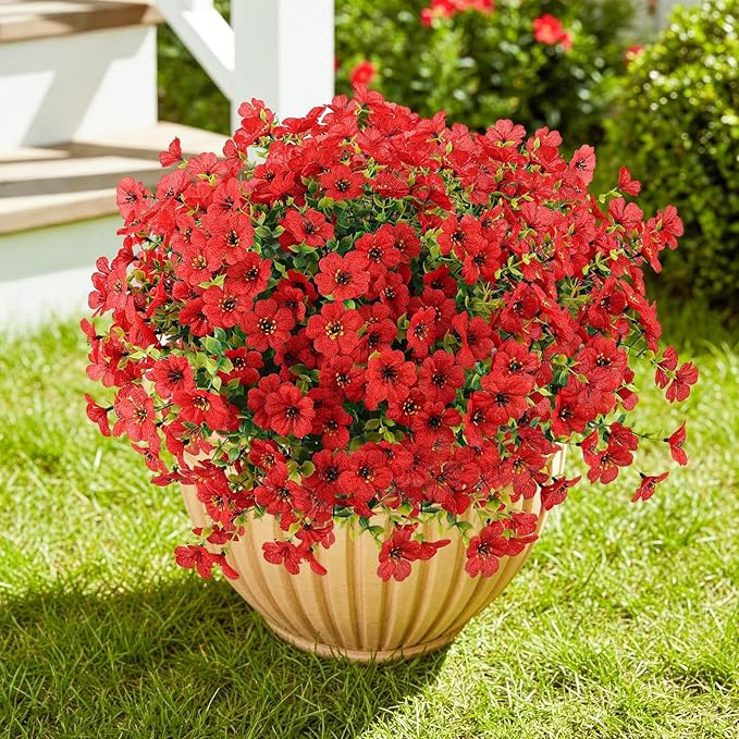 ATTGREAT Artificial Flowers Outdoor Faux Plants UV Resistant Fake Patio Flowers Plastic Greenery Plnats Outside Bulk for Spring Garden Hanging Planter Home Vase Decor, 24 Bundles (Red)