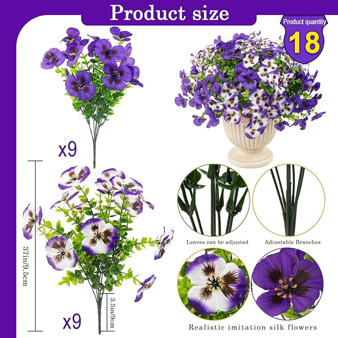 Rowfad 18 Pcs Artificial Fake Pansy Flowers for Outdoor, Faux UV Resistant Silk Pansies Flowers for Outside Planter Front Door Porch Yard Patio Window Box Home Decor (18, Lavender)