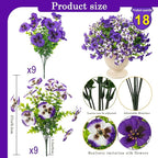 Rowfad 18 Pcs Artificial Fake Pansy Flowers for Outdoor, Faux UV Resistant Silk Pansies Flowers for Outside Planter Front Door Porch Yard Patio Window Box Home Decor (18, Lavender)