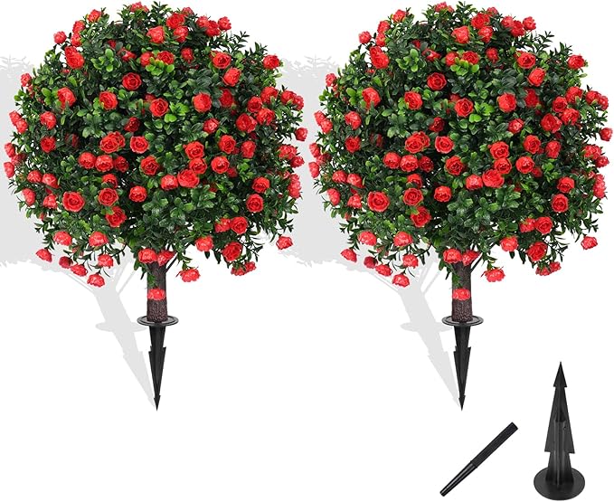 Grooy Artificial Boxwood Topiary Tree with Rose, Set of 2 Artificial Shrub Bushes with Ground Spike, Fake Evergreen Tree for Porch, Artificial Plants for Outdoor Planters Indoor UV Resistant