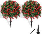 Grooy Artificial Boxwood Topiary Tree with Rose, Set of 2 Artificial Shrub Bushes with Ground Spike, Fake Evergreen Tree for Porch, Artificial Plants for Outdoor Planters Indoor UV Resistant