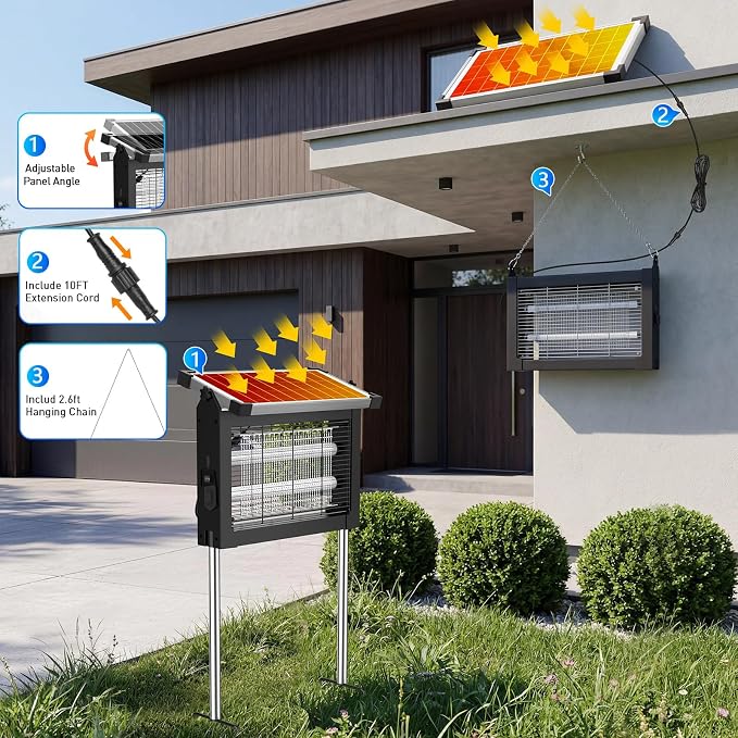 Solar Bug Zapper Outdoor Waterproof, 4500V Cordless Mosquito Zapper | USB-C rechargeable, solar powered with auto light sensor, hanging or stake use for patio, garden, backyard, camping, garage