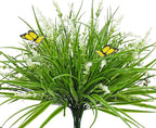 16 Bundles Artificial Outdoor Plants and 2 Pcs Butterfly Stakes Fake Monkey Grass with Flowers UV Resistant Faux Plant Greenery for Outside Planter Porch Patio Garden Window (White)