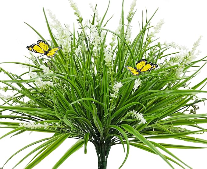 16 Bundles Artificial Outdoor Plants and 2 Pcs Butterfly Stakes Fake Monkey Grass with Flowers UV Resistant Faux Plant Greenery for Outside Planter Porch Patio Garden Window (White)