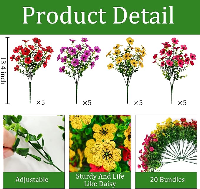 20 Pcs Artificial Flowers for Outdoors Fake Flowers UV Resistant, Artificial Plants Outdoor Indoor Faux Plastic Fake Plants for Planter Front Door Garden Porch Yard Home Decor(Pink Red Purple Yellow)
