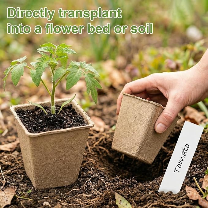 NEWMIAO 60 Pack 3.15 Inch Square Peat Pots, Biodegradable Seed Starter Pots for Seedlings with Single Drainage Hole, Square Nursery Pots Germination Kit Including 100 Plant Labels