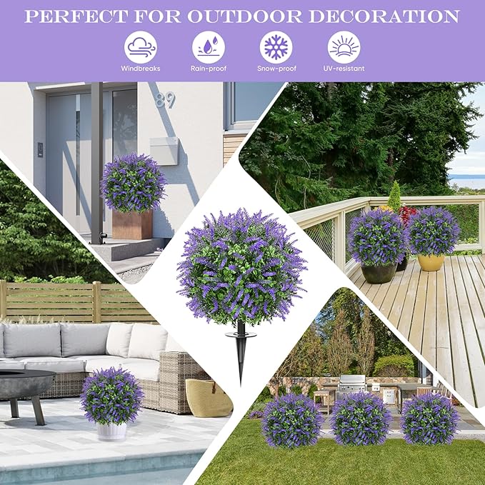 FAJUNZH Artificial Topiary Bushes for Outdoors with Spike, Boxwood Ball Fake Shrubs UV Resistant Faux Plants for Indoor Outdoor Fall Thanksgiving Halloween Decor (Lavender Boxwood Purple-2 Packs)