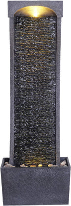 Teamson Home 38.58 in. Modern Curved Faux Slate Waterfall Fountain for Indoors or Outdoors with LED Light Accents and 1.98-Gallon Pump, Black and Stone Gray
