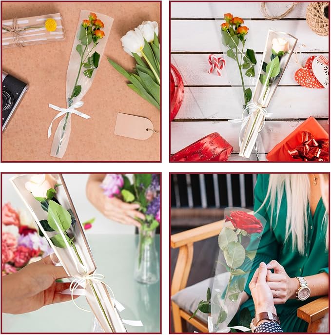 Bayurht 101 PCS Single Rose Sleeve Single with Ribbon and 50 Pcs Floral Water Tubes Flower Packaging Bags Single Flower Sleeve Flower Wrapping Bags for Bouquets Wrapping (White)