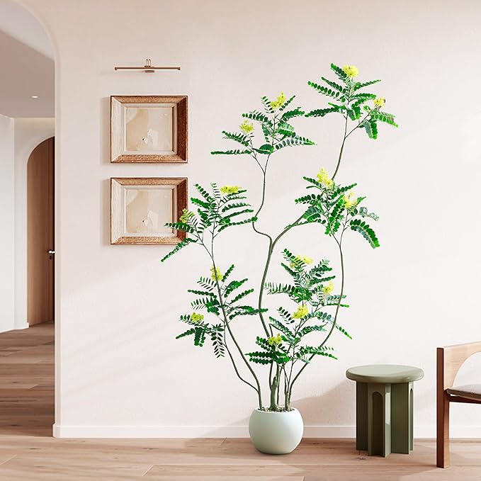 Artificial Mahonia Fortunei Tree - 6FT Artificial Plants Indoor, Fake Floor Plant with White Planter, Tall Sumac Faux Plants for Decor Indoor Home Sala Office Hotel Patio Studio (Yellow)