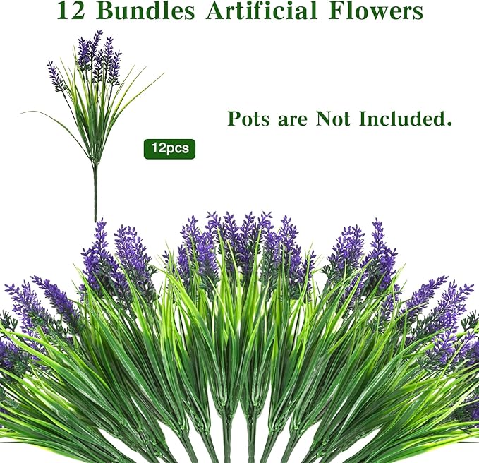 CEWOR Outdoor Artificial Flowers UV Resistant 12pcs Fake Monkey Grass with Flowers Faux Plants for Garden Porch Window Patio Planter Pathway