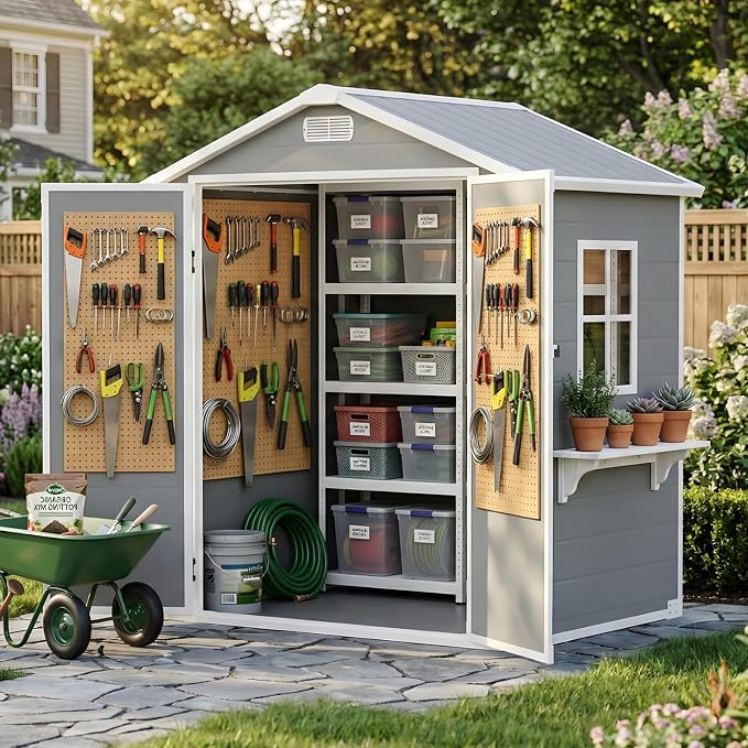 6x4 FT Outdoor Storage Shed with Floor & Window, All-Weather Resin Garden Tool Shed, Waterproof Plastic Garden Shed with Lockable Door, Vents & Roof Rainwater Drainage for Backyard, Garden, Poolside