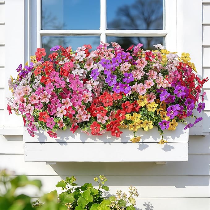 Alupssuc 20 Bundles Artificial Flowers for Outdoor Indoor Decoration, UV Resistant No Fade Fake Plants Eucalyptus, Colorful Faux Spring Flowers for Outside Yard Porch Patio Garden Home Window Box