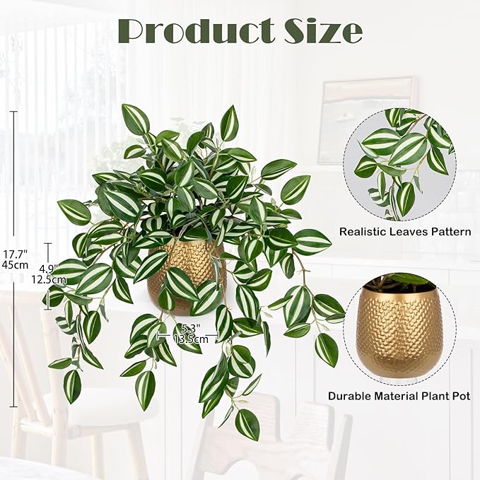 Briful Faux Plants Indoor 17.7in Fake Watermelon Peperomia Plant in Gold Pot with Realistic Silk Green Leaves Artificial Potted Plant for Home Office Table Bookshelf Desk Room Decor