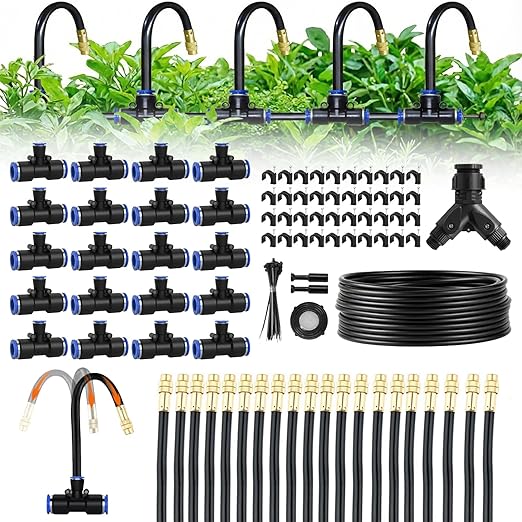 100ft 1/4-Inch Drip Irrigation Kit with 16 Adjustable Copper Nozzles, Automatic Atomizing Watering Sprinkler System for Garden, Raised Beds, Lawn, Greenhouse & Patio