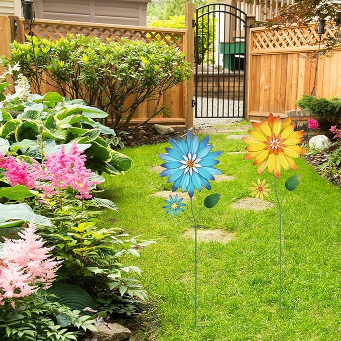 YEAHOME Garden Decor for Outside, 35.4“ Set of 2 Metal Flowers Decorative Garden Stakes for Spring Decor, Yard Art Flower Stakes for Outdoor Lawn Backyard Porch Garden Decorations (Yellow, Blue)