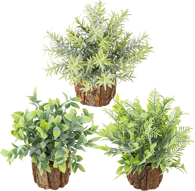 3 Pack Mini Potted Artificial Greenery, Realistic Frost and Snow Plants with Tree and Flower Pots, Lifelike Low-Maintenance Tabletop Decor for Home Office Desk Shelf