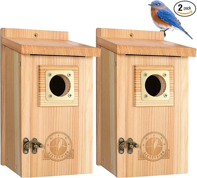 SISTERBIRD 2 Pack Bird Houses for Outside Clearance with Copper Guard, Cedar Bird House Outdoor, Bluebird Finch Swallow Wren Chickadee Assembly Required