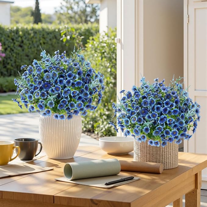 SHareconn 24 Bundles Artificial Flowers for Outdoors Decoration, Faux Plants Fake Silk Colorful Daisy Eucalyptus Lavender, UV Resistant for Outside Home Porch Patio Indoor Spring Decor, Blue