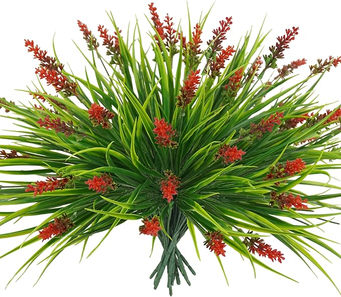 obbsie 12 Bundles Artificial Plants Outdoor, 18.2" UV Resistant Faux Monkey Grass Greenery Stems No Fade Faux Plastic Flowers Shrubs for Home Weddings Garden Porch Front Patio Office Decor - Red