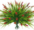 obbsie 36 Bundles Artificial Plants Outdoor, 18.2" UV Resistant Faux Monkey Grass Greenery Stems No Fade Faux Plastic Flowers Shrubs for Home Weddings Garden Porch Front Patio Office Decor - Red