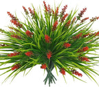 obbsie 36 Bundles Artificial Plants Outdoor, 18.2" UV Resistant Faux Monkey Grass Greenery Stems No Fade Faux Plastic Flowers Shrubs for Home Weddings Garden Porch Front Patio Office Decor - Red