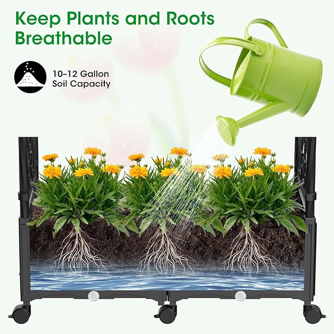 Planter Box with Trellis,5.9ft/71in Self Watering Raised Garden Bed with Wheels and Storage Shelf,Drainage Holes,for Flower Rattan Vines Plant Climbing Tomato Vegetable Indoor Outdoor Garden Patio