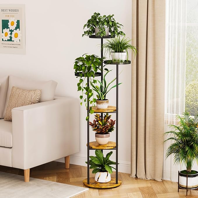 Plant Stand 6 Tier Indoor Metal Plant Shelf for Multiple Plants Corner Tall Flower Holders for Living Room Bedroom Balcony, Black (6 Tier-Black+Rustic Brown)
