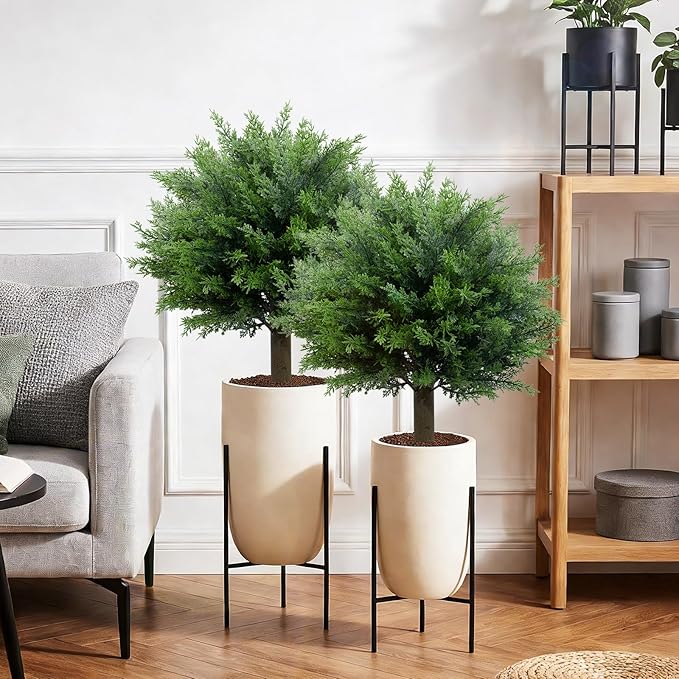 27.6 Inch Artificial Cedar Topiary Ball Trees, Set of 2 UV Resistant Fake Evergreen Trees Shrubs Bushes Artificial Plants with Ground Spike Faux Cypress Plants for Outdoor Front Porch Garden Decor