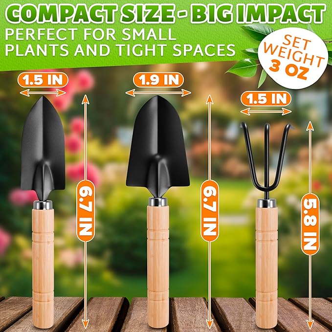3 Pcs Mini Gardening Tools – Mini Garden Tools Set with 2 Small Shovels (Narrow and Wide) & Hand Rake, Rustproof Metal Build, Ergonomic Wooden Handles – Potting & Transplanting Kit for Indoor Plants