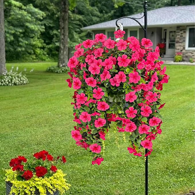 Artificial Geranium Hanging Flowers for Outdoor Decoration, 2 Bundles UV Resistant Silk Geranium Fake Plants Faux Flowers for Front Porch Garden Patio Window Box Outside Indoor Decor (Rose Red)