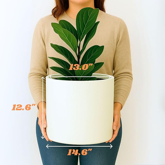 Fox & Fern 15" Large Planter Fits Plant Stand - Fiberstone - Drainage Plug - Indoor Outdoor - Matte White