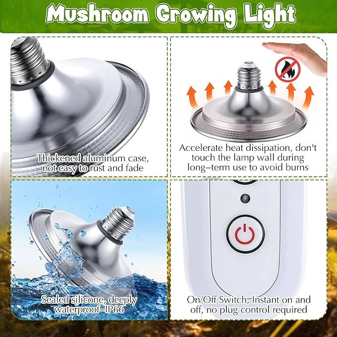 Meonum Mushroom Grow Light with 3/6/9 Hour Timer, 360° LED Hanging Grow Lights Bulb for Mushroom with 6.5ft Extension Cord, 6000K Blue&5000K White Lamp for Indoor Plants Growing Kit Supplies (1 Pack)