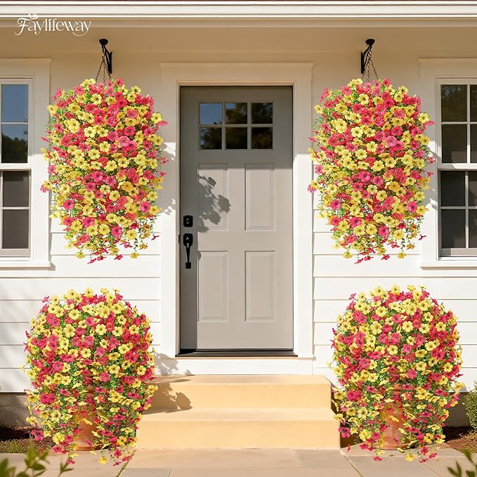 Artificial Hanging Flowers for Outdoors Spring Summer Decoration, 4PCS UV Resistant Silk Fake Hanging Plants for Patio Porch Front Yard Window Garden Indoor Decor(Hot Pink&Yellow,4PCS)