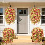 Artificial Hanging Flowers for Outdoors Spring Summer Decoration, 4PCS UV Resistant Silk Fake Hanging Plants for Patio Porch Front Yard Window Garden Indoor Decor(Hot Pink&Yellow,4PCS)