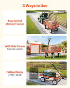 VEVOR 900 LBS Steel Garden Cart, 2 in 1 Handle, Heavy Duty Pullable Garden Wagon with 10" Flat-Free Tires, Outdoor Utility Yard Wagon Cart with Detachable Side Panels, Attach to ATV or Tractor, Red